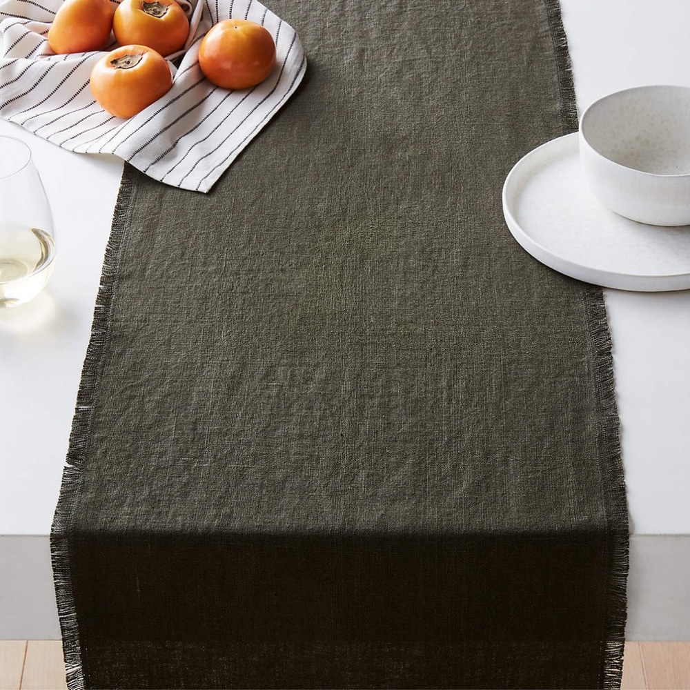 CB2 Eria Linen Table Runner 14"X90" - Frayed - Moss Green